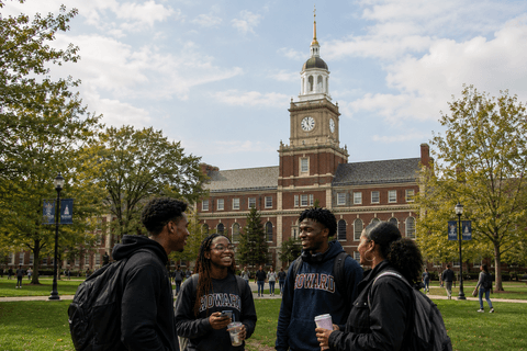 Students with Founders Library in the background